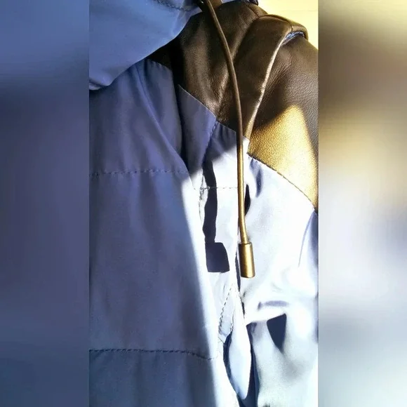 Danier Winter  Down Filled Leather Blue Black Jacket size L Fitted - Picture 10 of 14